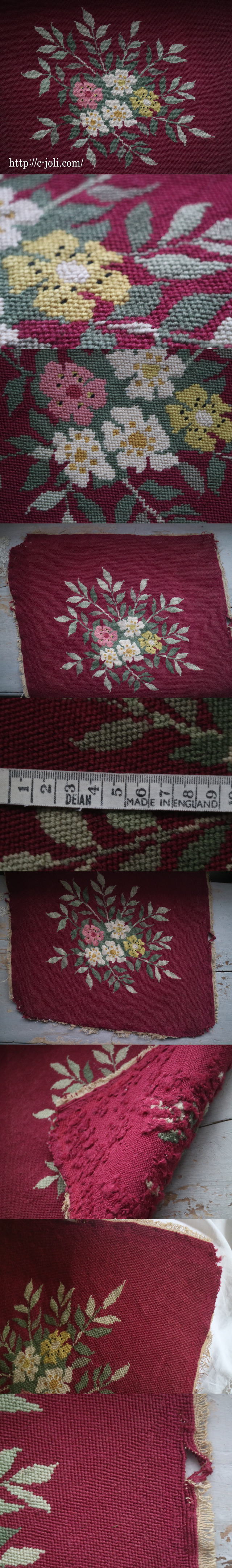 L2188 イギリスアンティーク刺繍 花柄ミディポワン手刺繍クロス 50x47cm